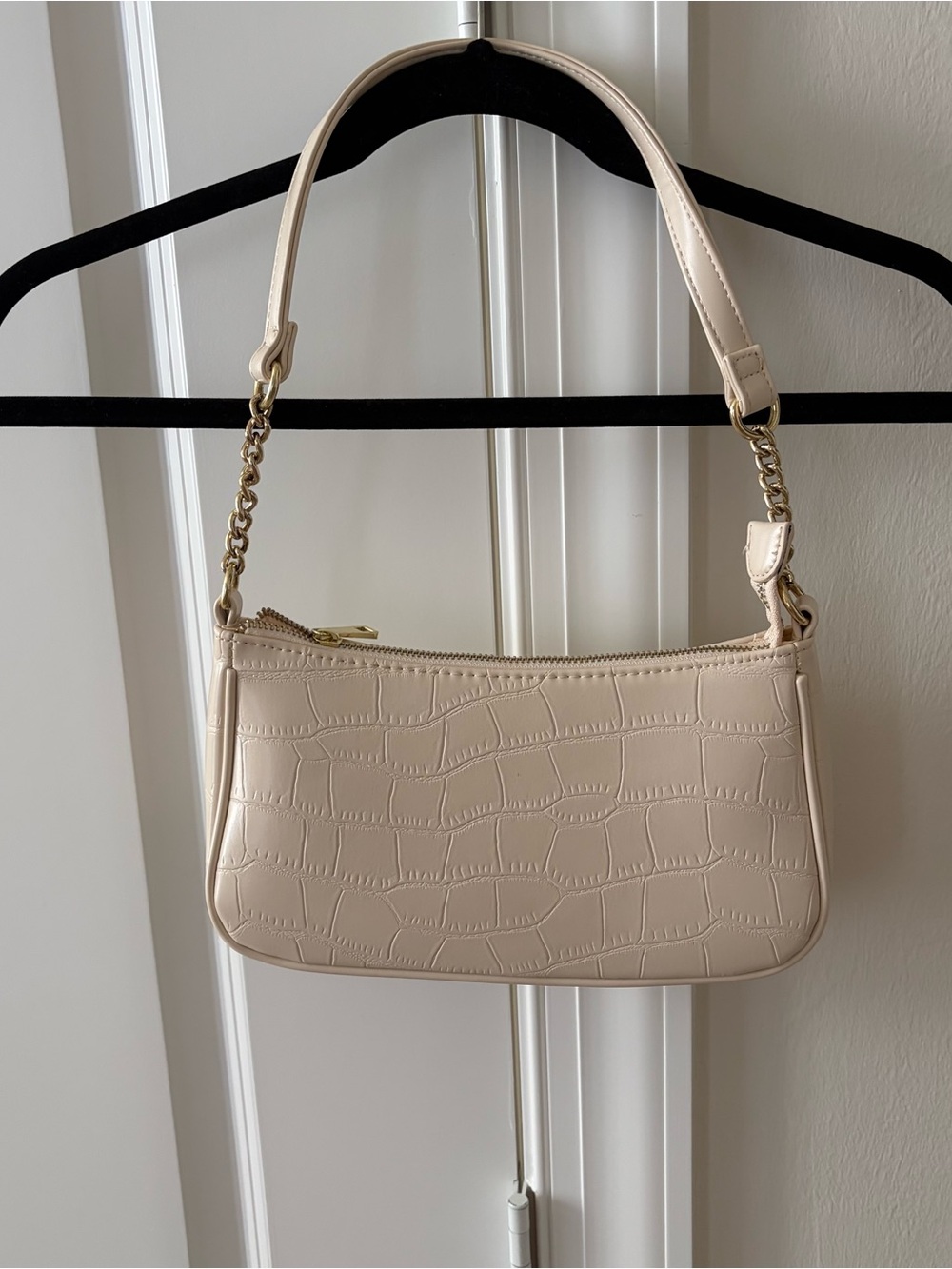 Cream Croc-Embossed Mini Shoulder Bag with Chain Detail